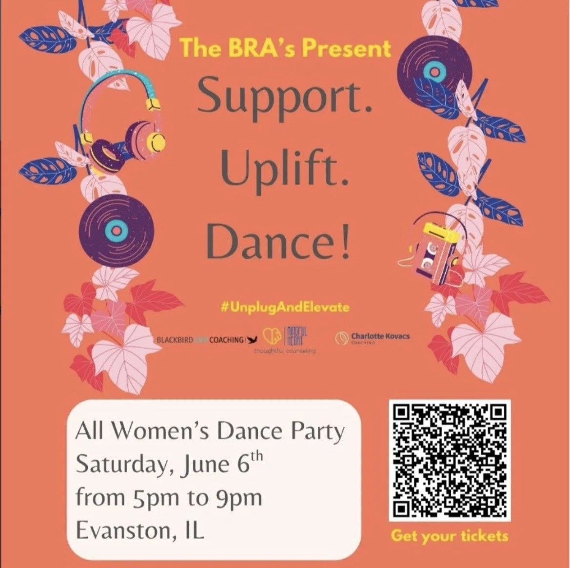 A colorful flyer for an all women's dance party event with the theme "Support. Uplift. Dance!" It features illustrations of headphones, turntables, and a cassette player surrounded by autumn leaves. The event details include date, time, location, and