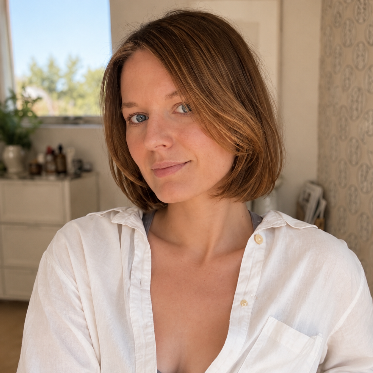 A woman with shoulder-length reddish-brown hair and blue eyes looking at the camera in a well-lit room with a window and patterned wallpaper.