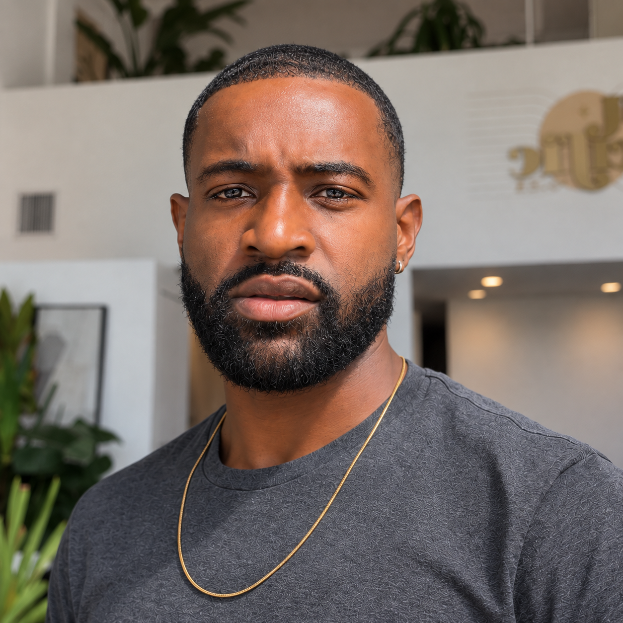 A man with a beard, wearing a black shirt and gold necklace, looking directly at the camera in an indoor setting with plants and indoor decor.