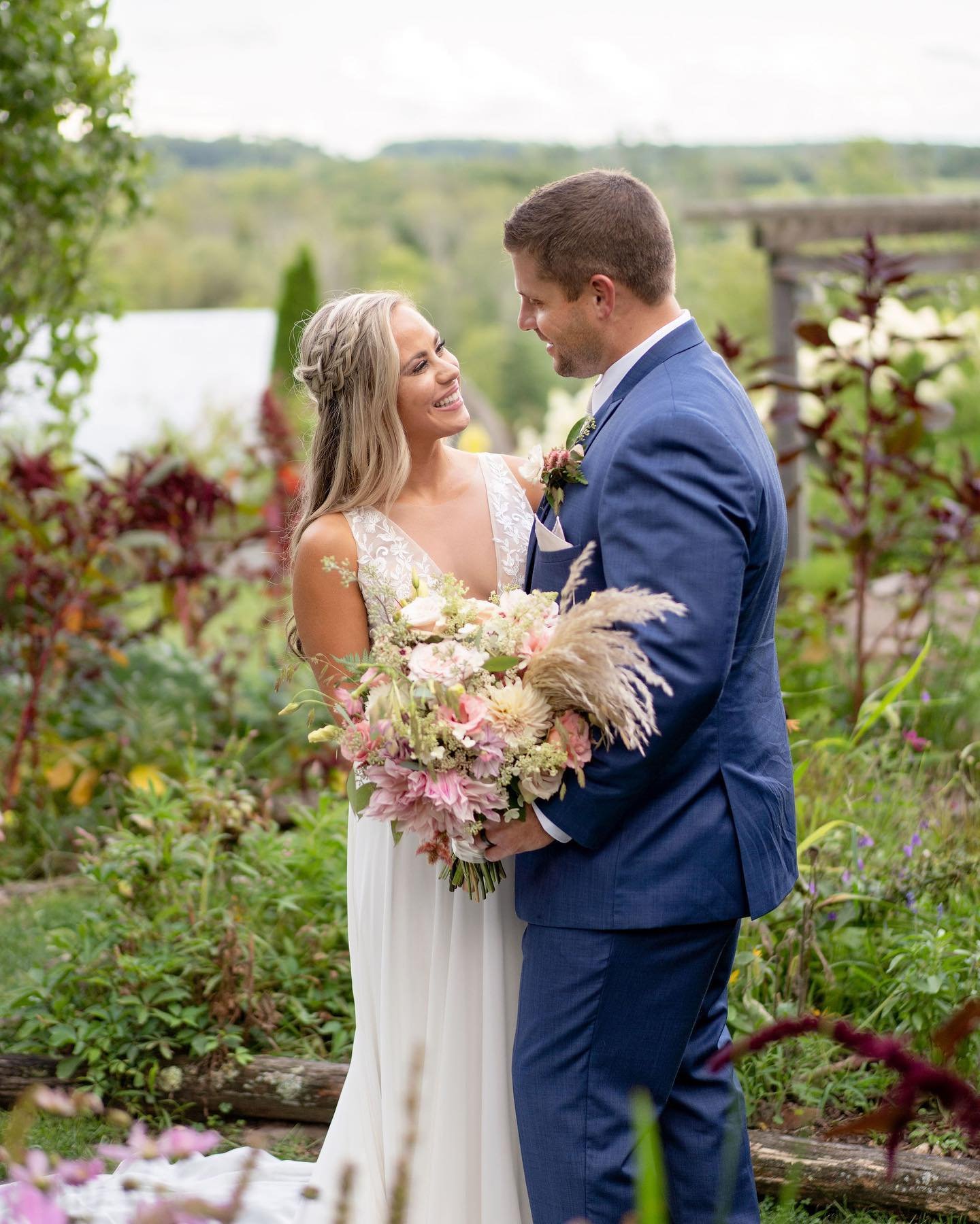 Bride & Groom with Bouquet at Fox Hill Farm Honesdale PA.jpeg