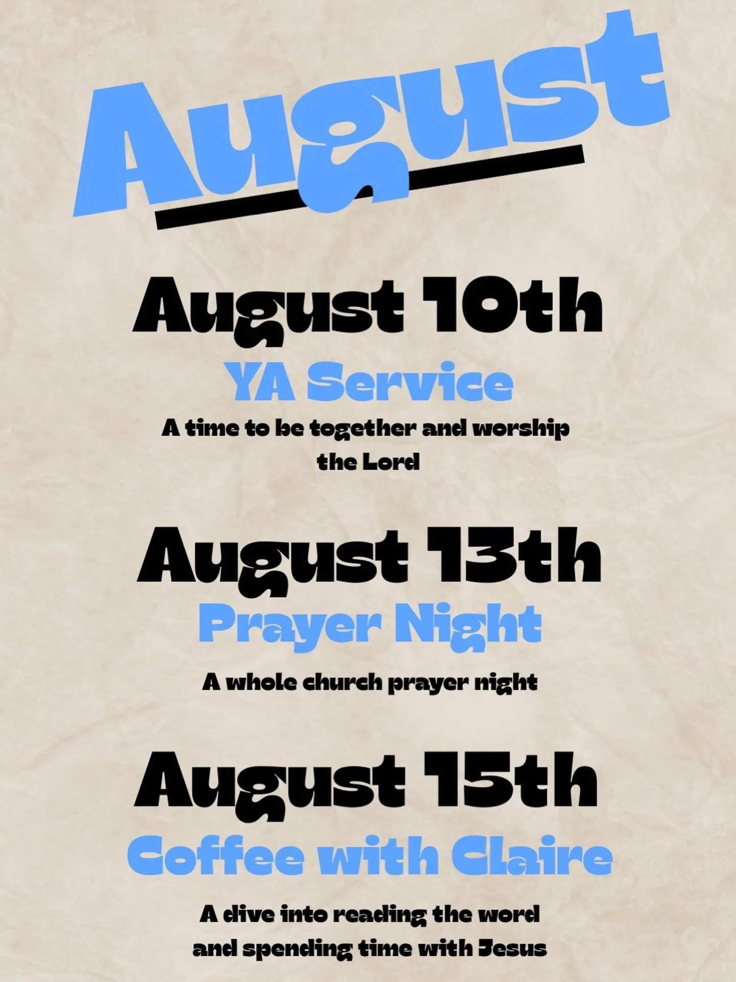 August is almost here, and we can&rsquo;t wait to spend it with you! ☀️ Check out everything we have planned, invite a friend, and come be a part of what God is doing in our young adults community. Can&rsquo;t wait to see you!🤍