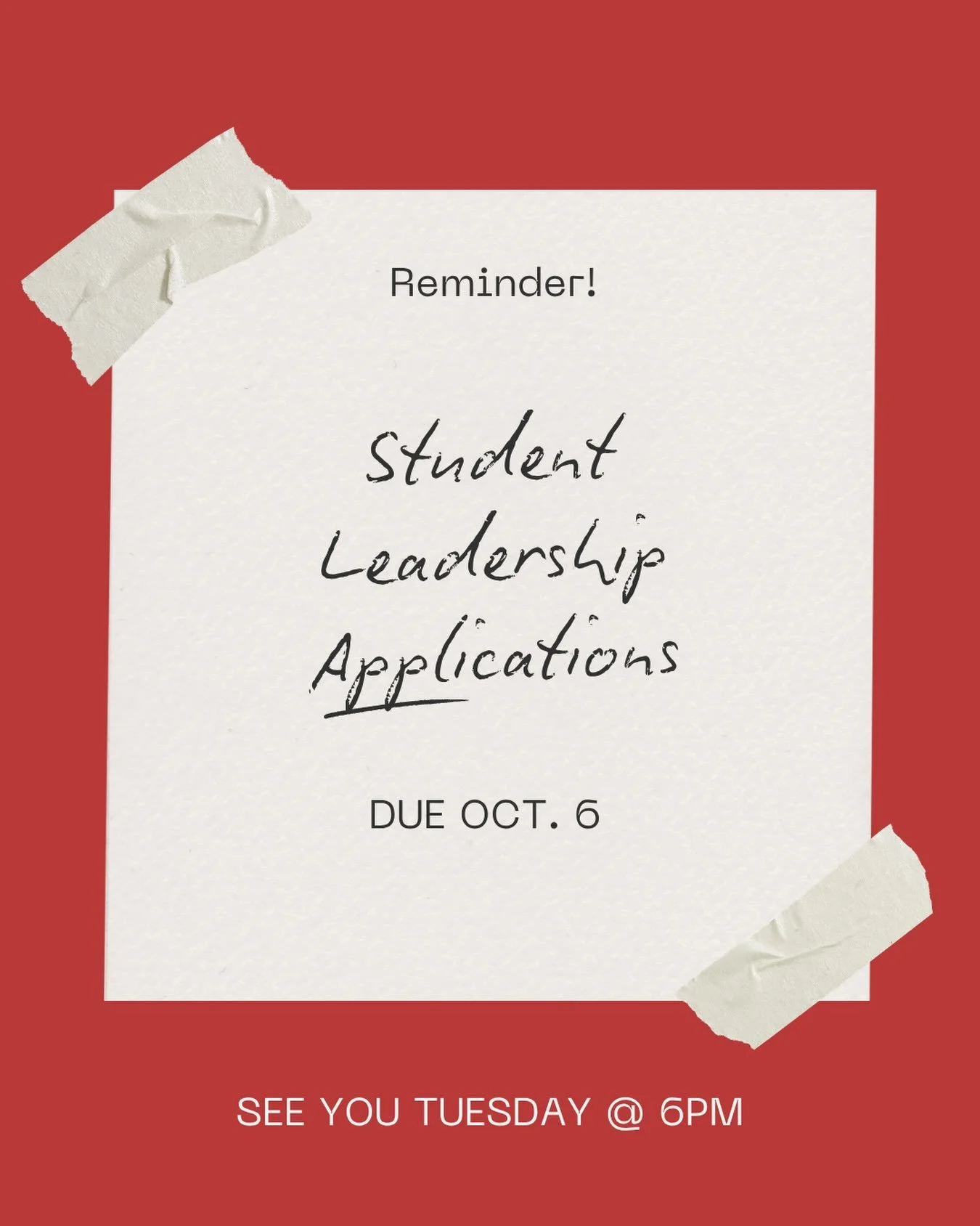 If you took a leadership app, make sure you bring it back tomorrow! 

&amp;&amp; Join us for Pastor Noah&rsquo;s 1st Tuesday! 
- Pizza before games!
- Sundaes at the end of service!