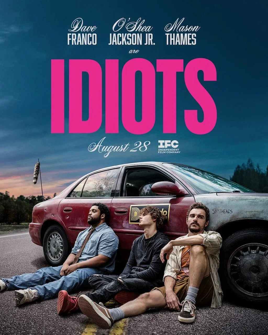 Poster for Idiots, a film created by Macon Blair. Pictured actors include O'Shea Jackson Jr., Dave Franco, and Mason Thames standing at a diner counter or deli counter.