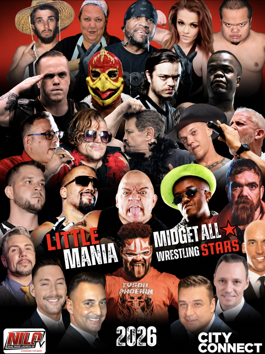 Collage of wrestling personalities and wrestlers with the title 'Little Mania Midget All Wrestling Stars 2026' and logos for NILQ and City Connect.