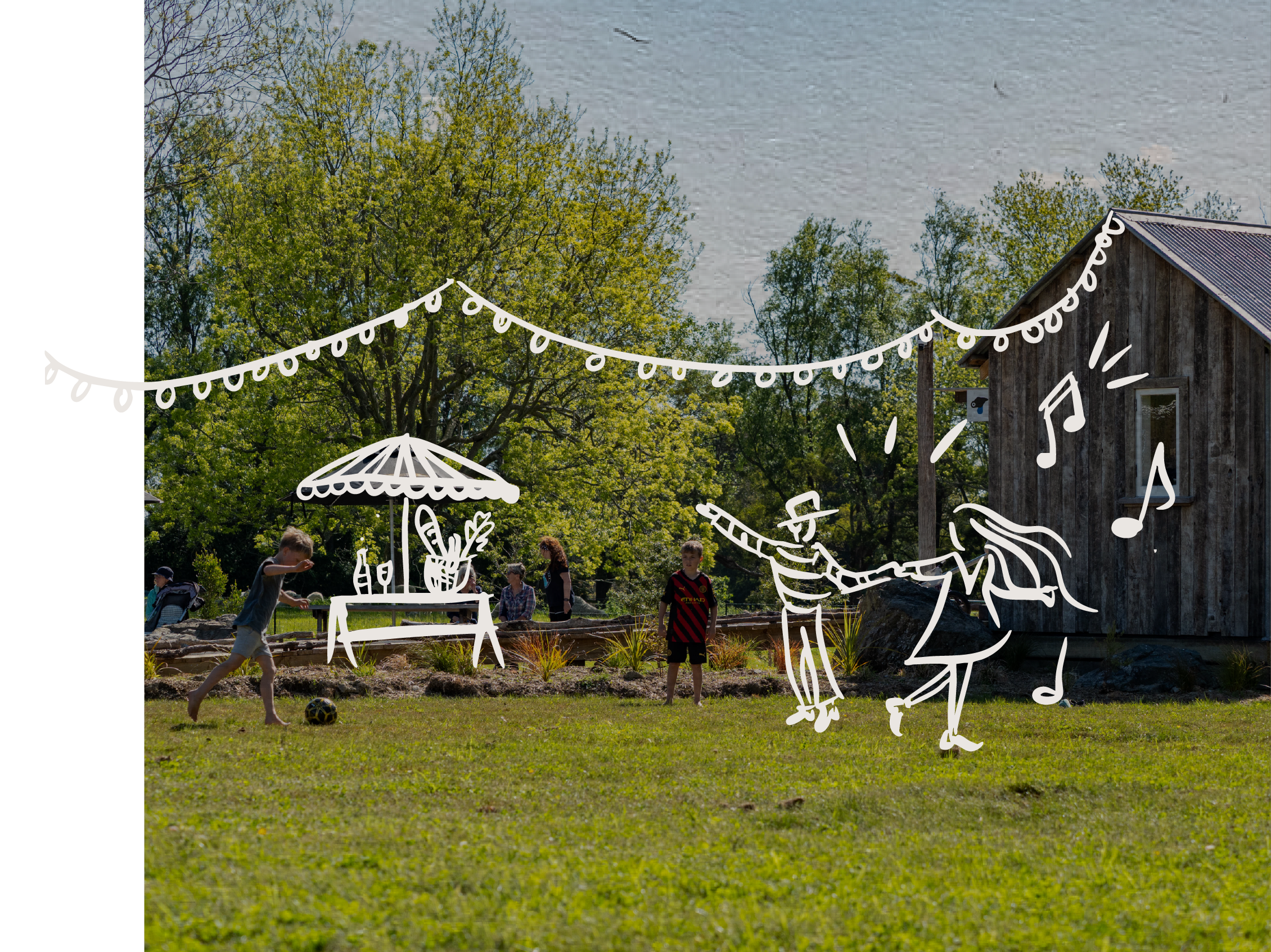 Children playing outside on a grassy yard with a rustic barn, trees, and string lights, with hand-drawn style illustrations of a table with an umbrella, party decorations, and musicians, and musical notes.