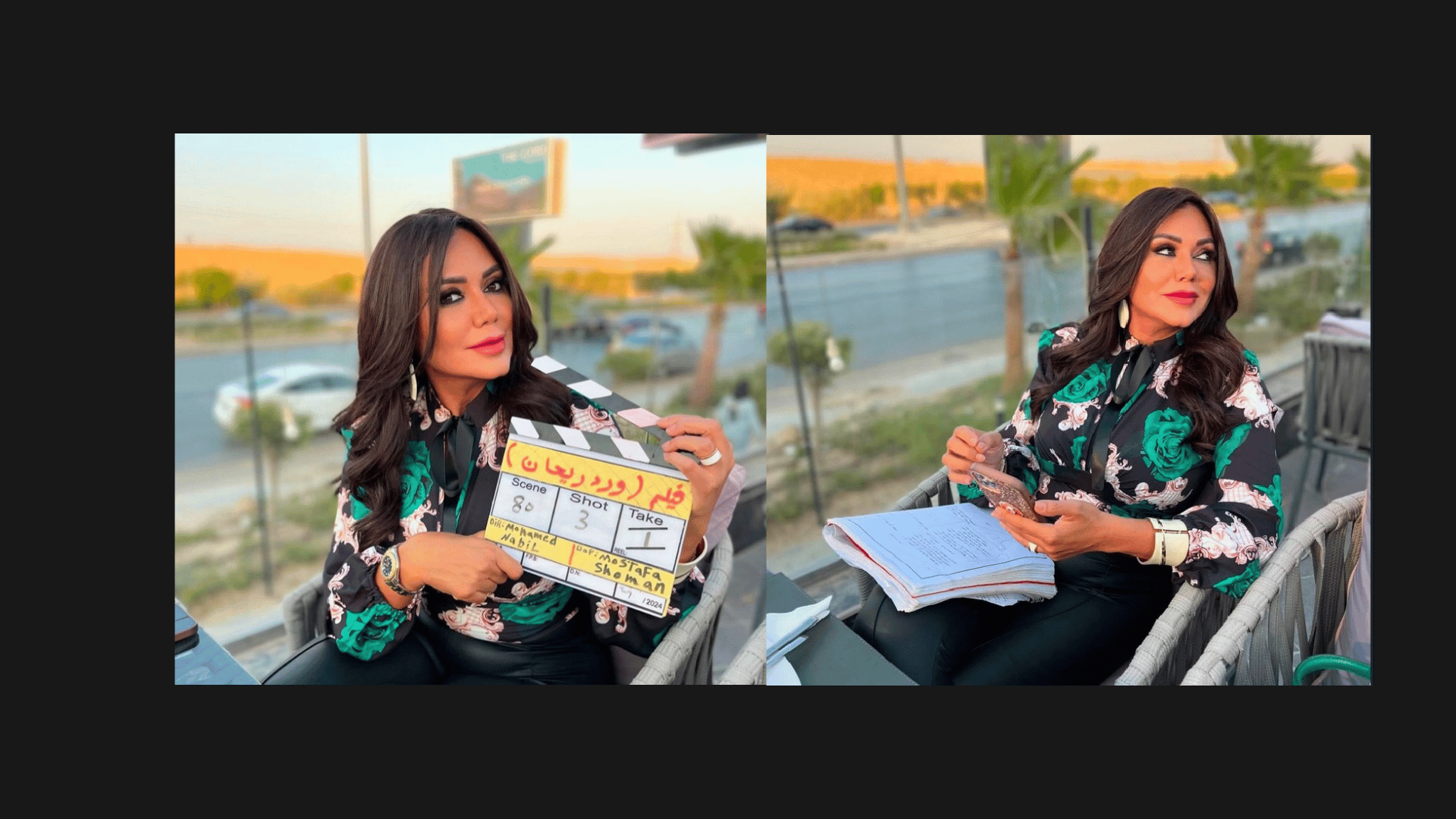 A woman with dark hair, wearing a black floral blouse, sitting outdoors at a table with a cityscape in the background, holding a movie clapperboard and a smartphone in one photo and sitting with a notebook and pen in the other.