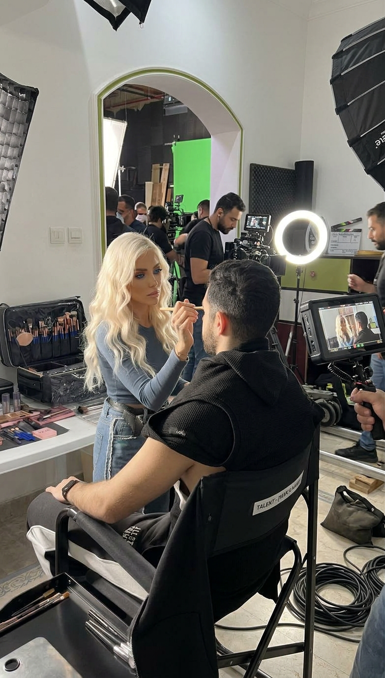Makeup artist applying makeup to a woman with blonde hair, sitting in a makeup chair on a film set with crew and equipment, including cameras, lights, and a green screen in the background.