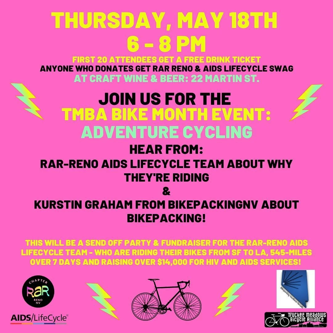 Come to our sendoff tonight for our @rar.reno @aidslifecycle team - we&rsquo;re just a couple weeks away until we ride those long (and beautiful!) 545-miles from SF to LA. We only have one day left to hit our fundraising goal - and we&rsquo;re still 