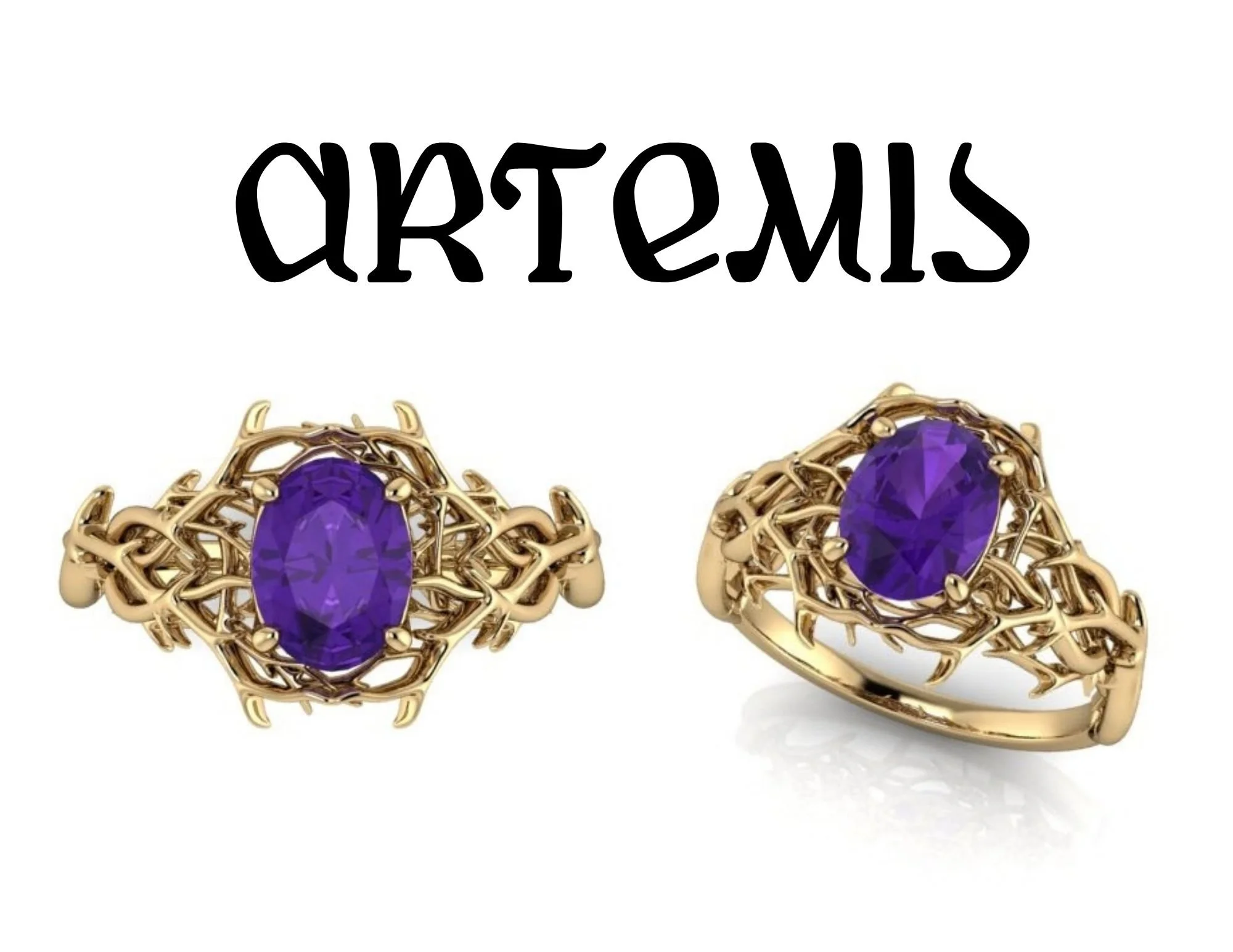 Artemis inspired ring with amethyst centerstone, dear antler cage design, and bow and arrow motif in yellow gold
