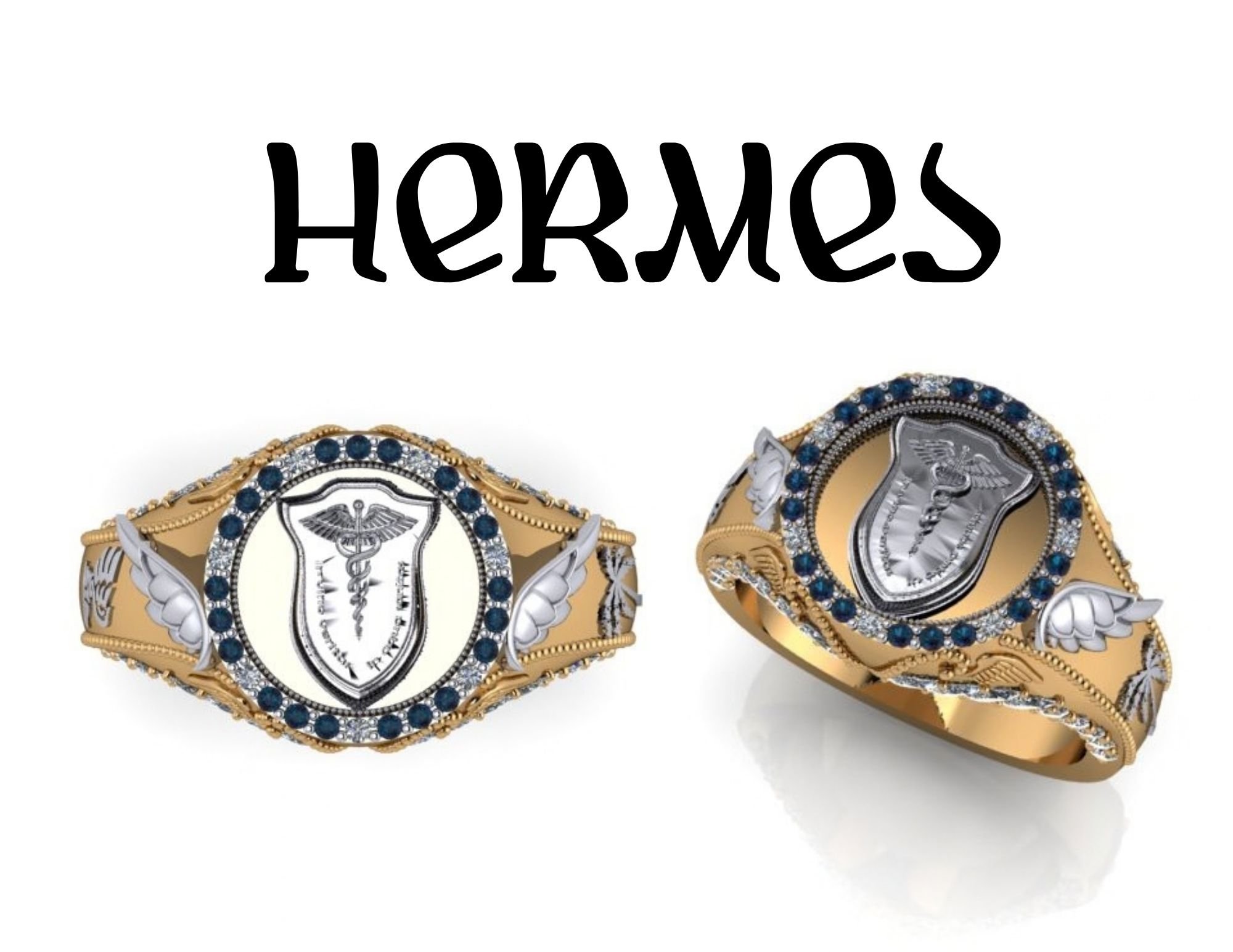 Hermes Inspired signet ring with sapphire and two toned ring with wing and hermes motif