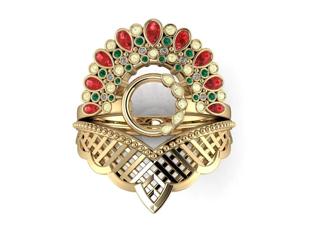 Traditional Indian Bridal Attire inspired Ring in yellow gold with ruby pears and emerald stones contour band representing henna and open center representing nose rings