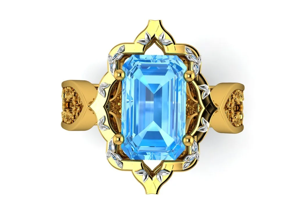 Persian Carpet Inspired ring with swiss blue topaz emerald cut center stone and intricate filigree on halo and down side of ring in yellow gold