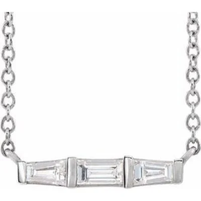 14k white gold bar necklace with baguette and tapered baguette diamonds