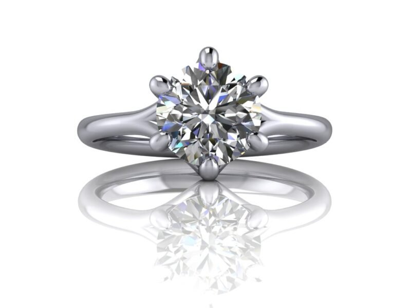 14k white gold solitaire with 6 prongs round center stone forever one moissanite