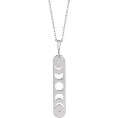 14k white gold drop bar necklace with moon phase cutouts and diamond accents. Set on adjustable 16"-18" chain.