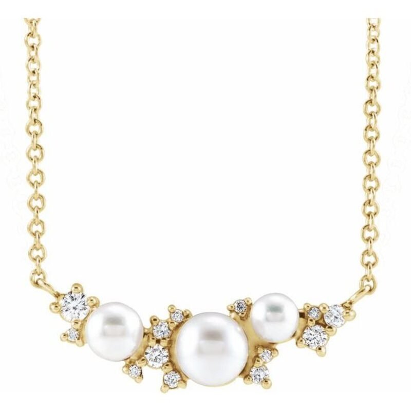 14K yellow gold 16" necklace with Akoya seed pearls and diamond accents