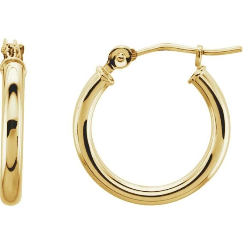14k yellow gold 13mm huggie tube hoops earring with hinge back clasp