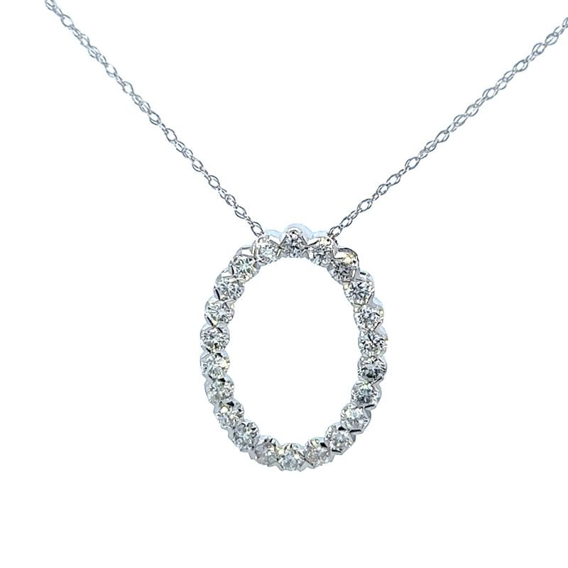 14k white gold necklace with round diamonds set in an oval-shaped pendant on 18 inch cable chain