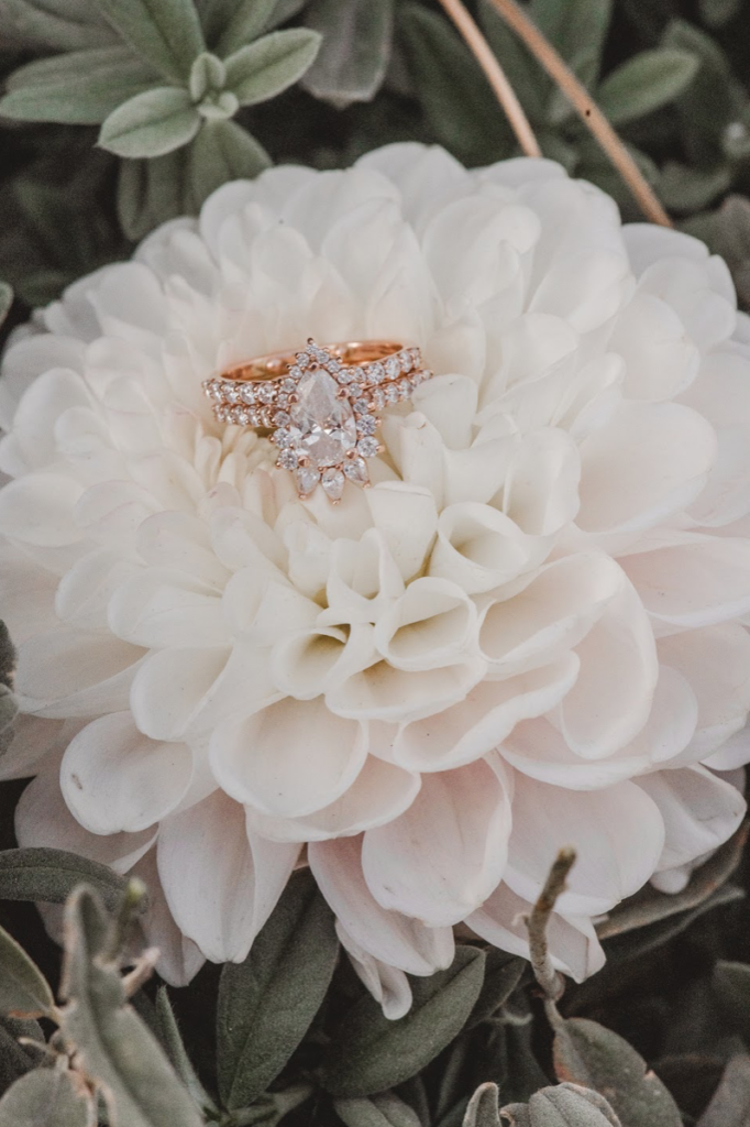 Custom rose gold engagement ring with a pear diamond center stone on a white flower 