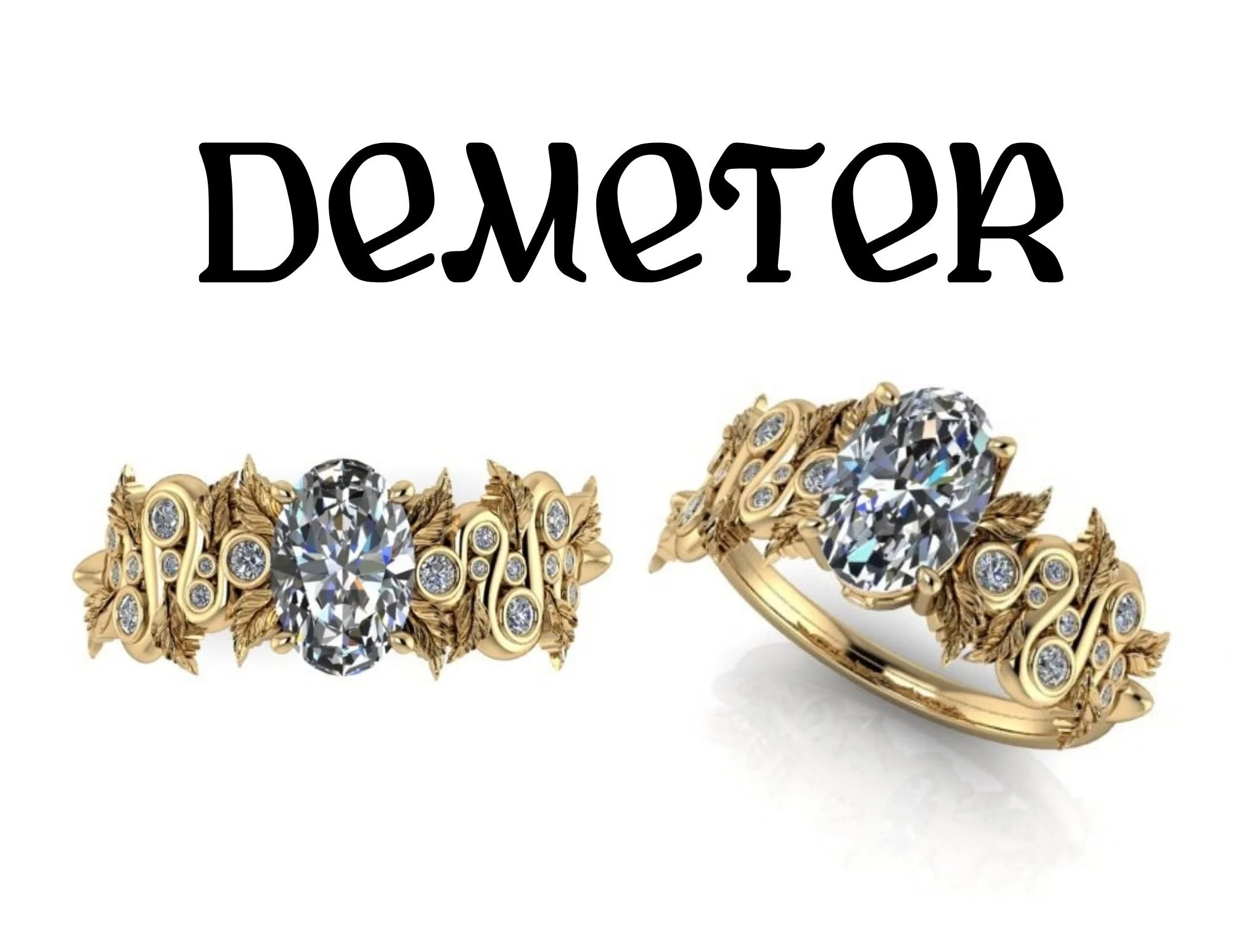 Demeter Inspired Ring with wheat harvest and snake depictions down side of ring in yellow gold and oval center stone