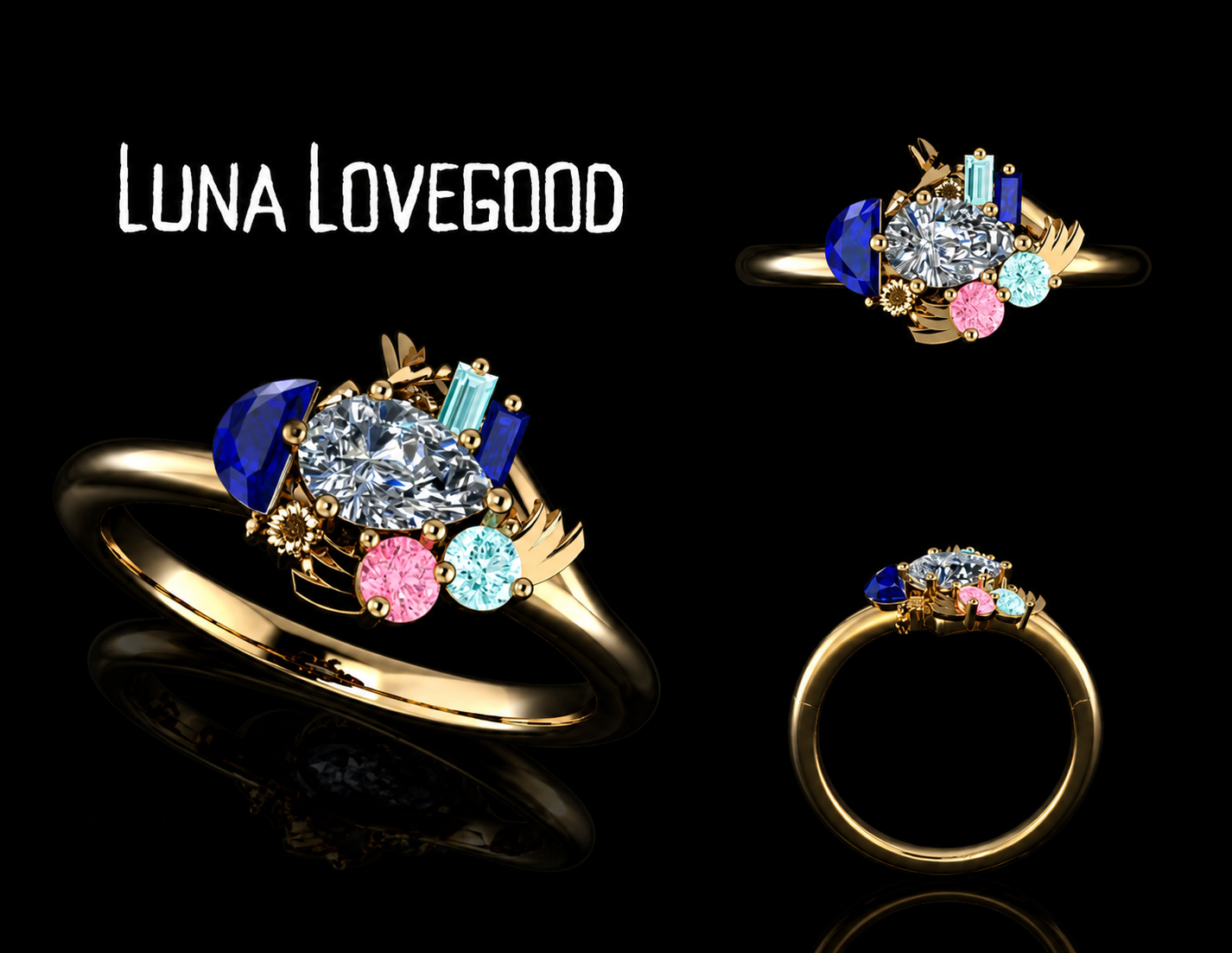 Luna Lovegood inspired ring from Harry Potter, with an east-west pear diamond center stone and asymmetrical cluster ring elements including Ravenclaw sapphires, sunflowers, and radishes