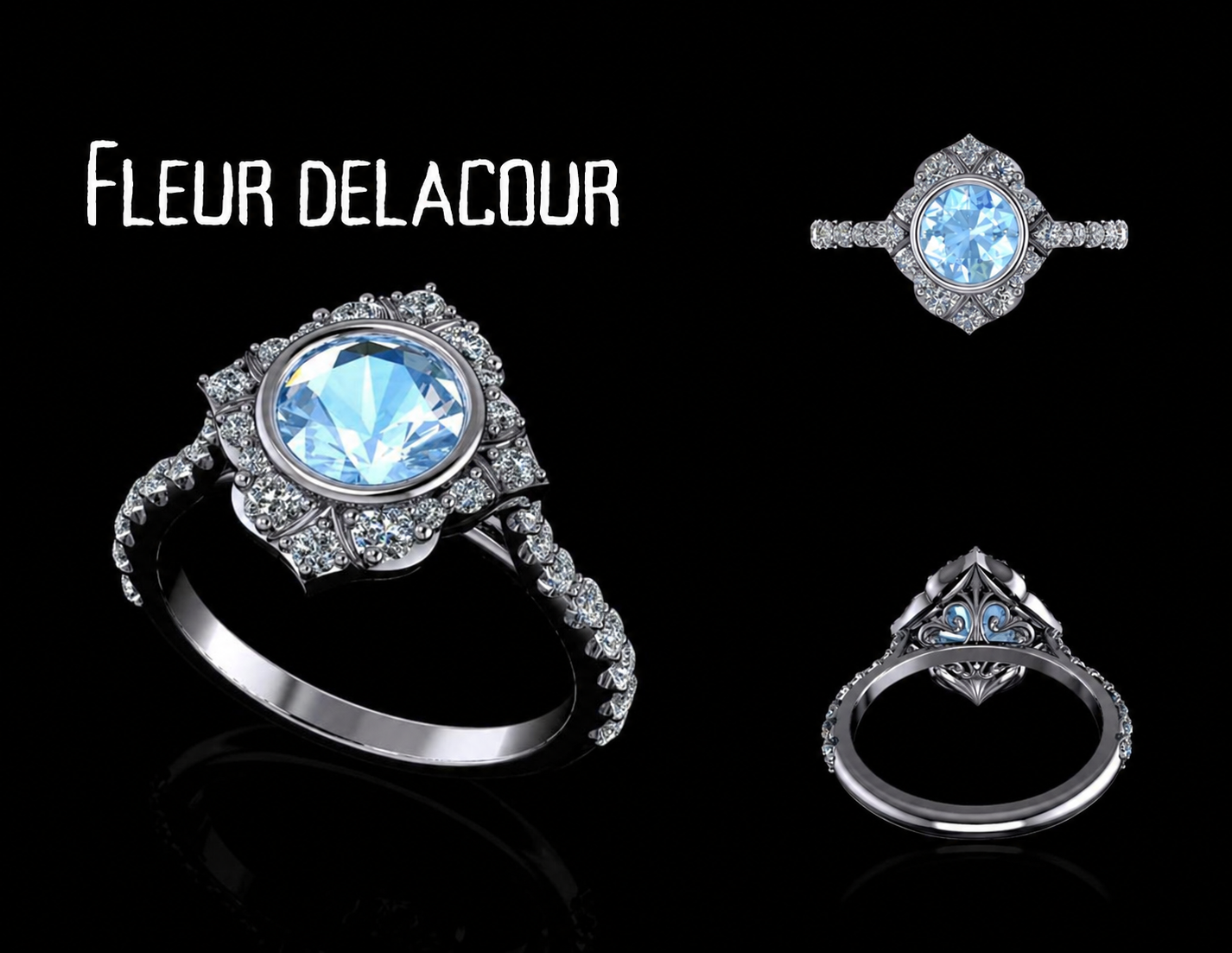 Fleur Delacour inspired Harry Potter ring in white gold with light blue topaz round centerstone bezel set. The ring is french vintage inspired with fleur de lis and an intricate diamond halo