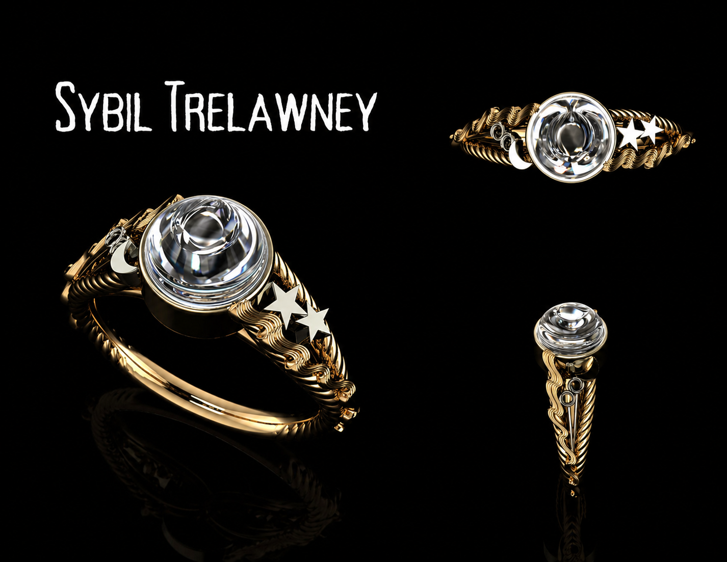 Sybil Trelawney Harry Potter inspired ring in yellow gold with bezel set cabachon moonstone in the center, and astronomy elements on the sides of the ring