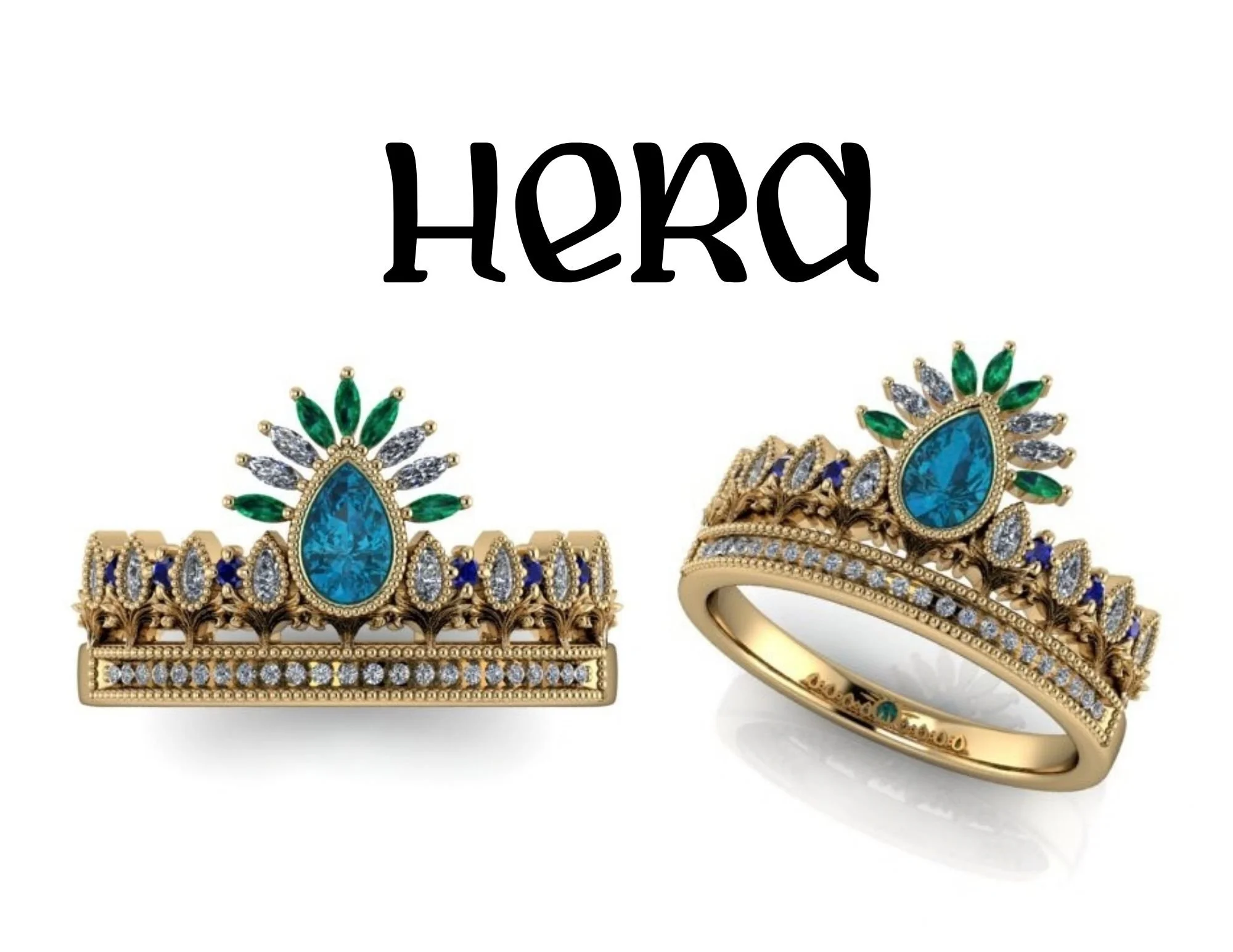 Hera Inspired Greek mythology ring with peacock fan halo, tiara ring, with diamonds and sapphires down side of ring in yellow gold