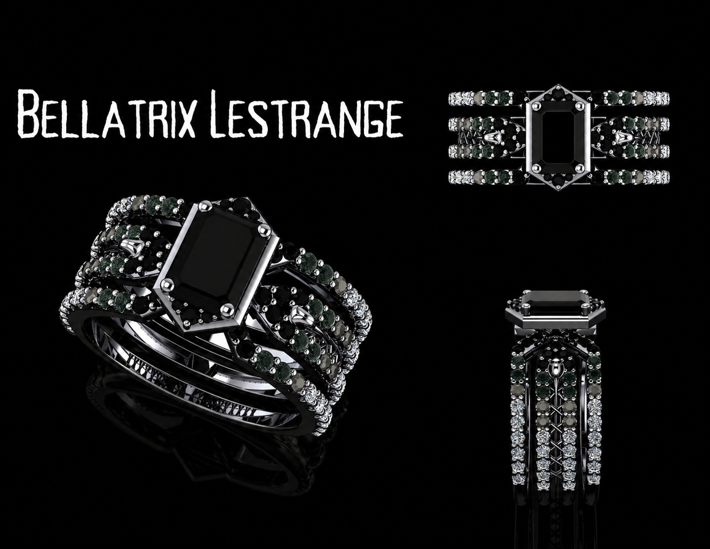 Bellatrix Lestrange Inspired Harry Potter ring in white gold with onyx emerald cut center stone, and four pave set onyx and diamond bands down the side, including elements of raven skull necklace and corset glove lace