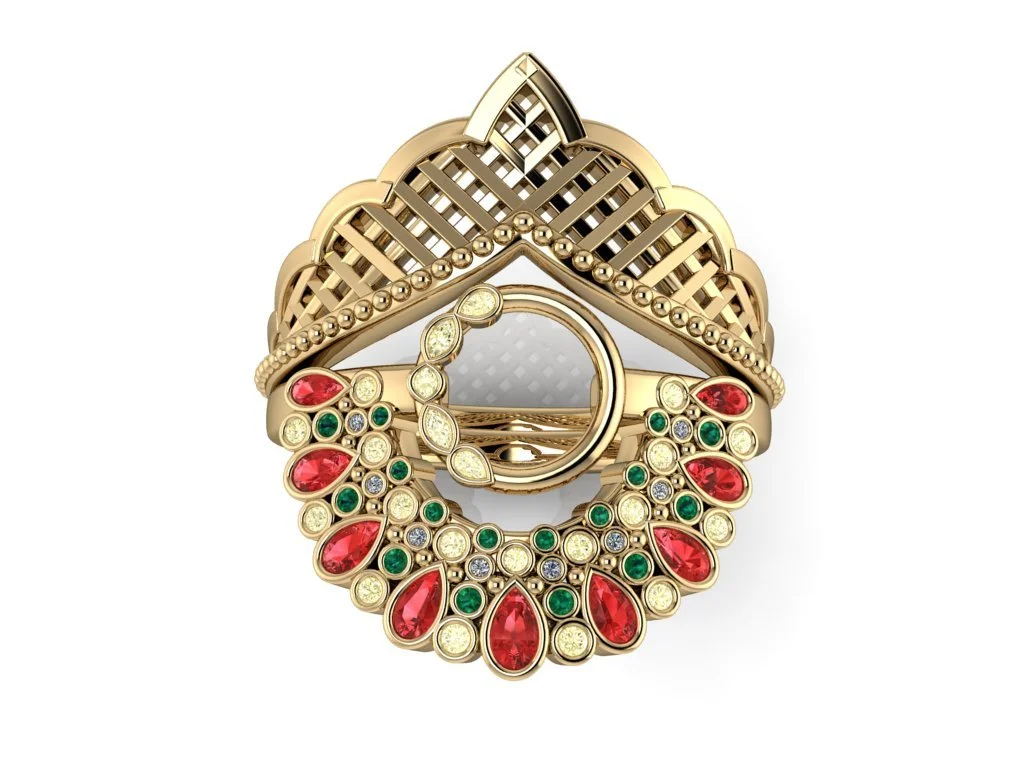Traditional Indian Bridal Attire inspired Ring in yellow gold with ruby pears and emerald stones contour band representing henna and open center representing nose rings