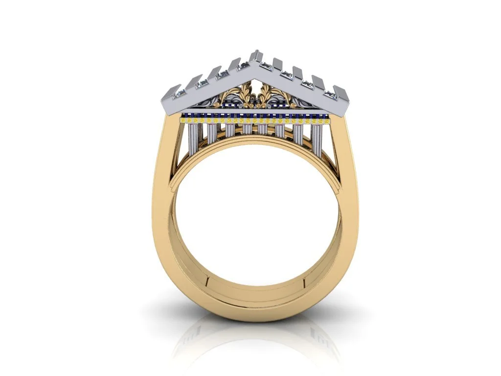 Parthenon Inspired ring in yellow and white gold two toned ring with laurel motifs, column structure, and diamond baguette top