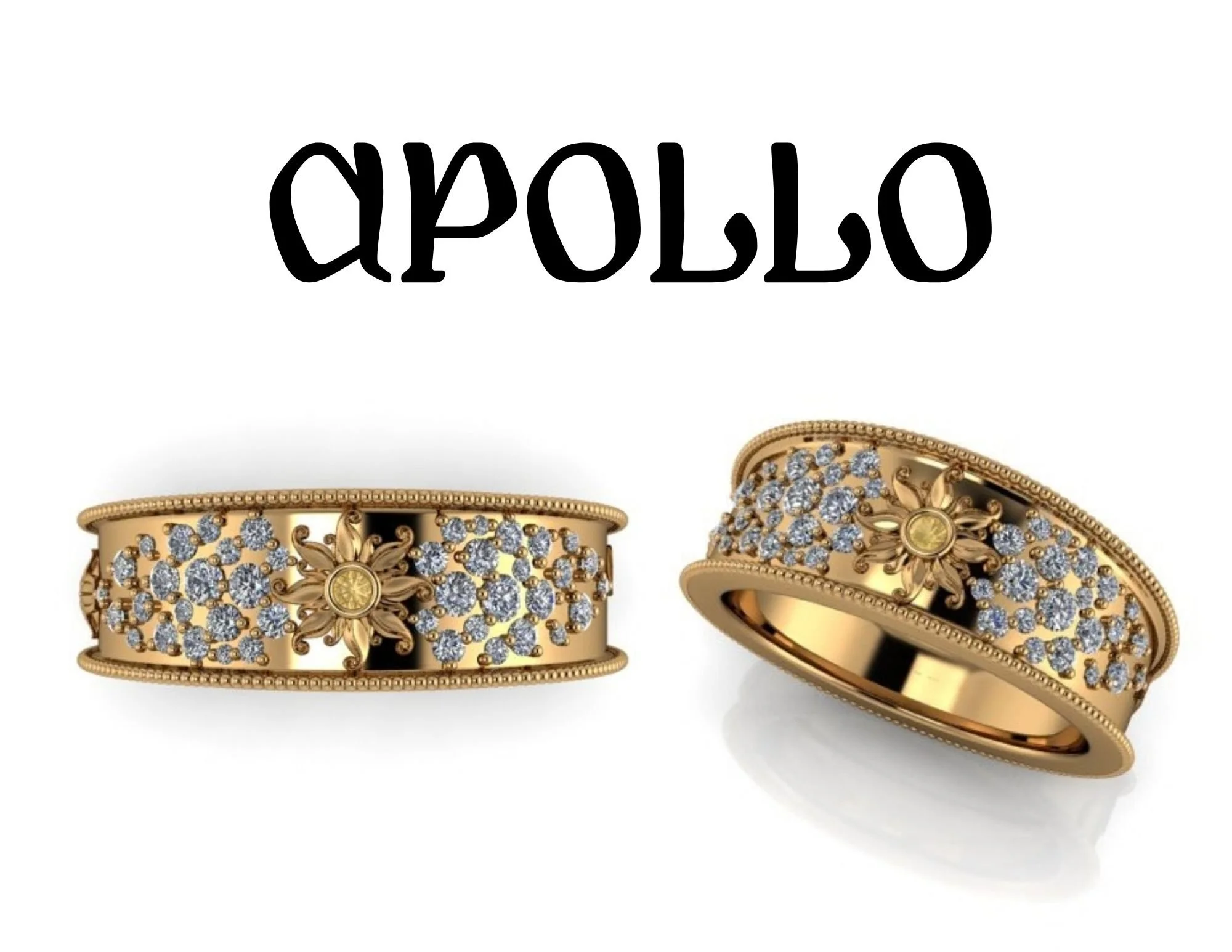 Apollo Inspired men's ring in 18k yellow gold with sun motif and diamonds to catch the light