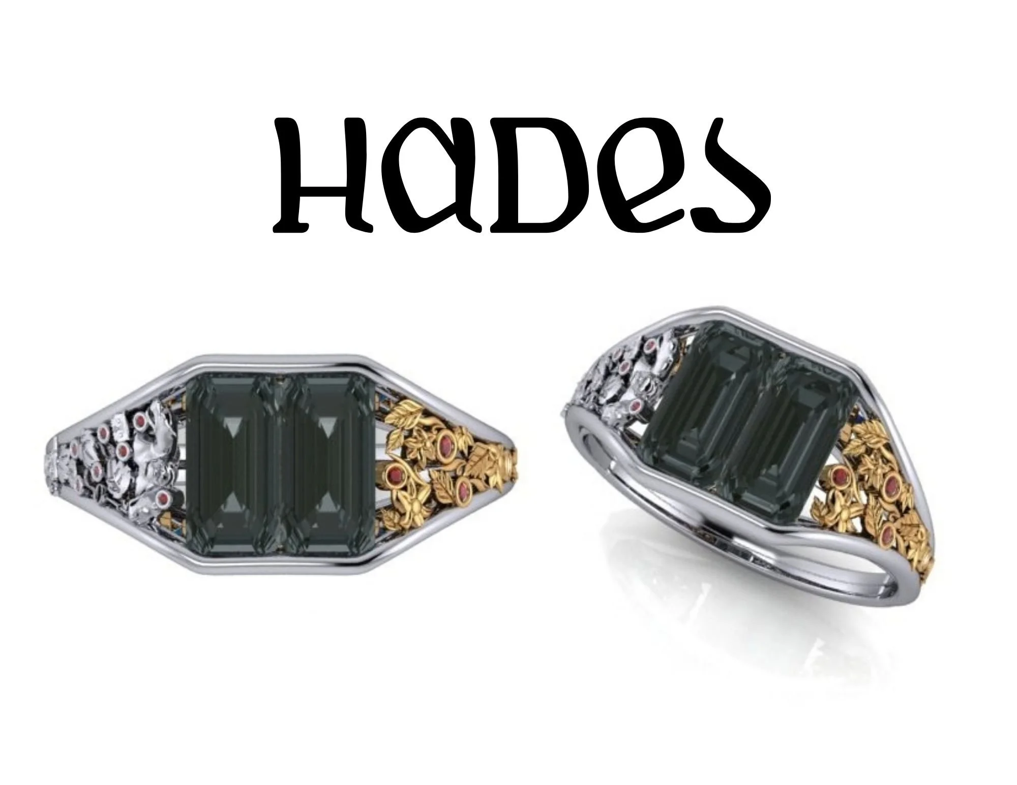 Hades Inspired Ring depicting Hades and Persephone myth toi et moi ring with two black emerald cut onyx black diamond stones representing gates of hell and cage ring in white and yellow gold and bezel set garnets