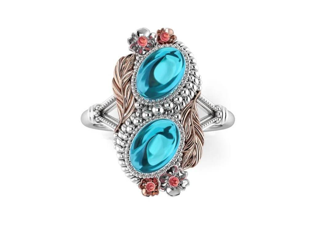 Native American ring in white gold and rose gold symbolizing silver and copper with turquoise and coral stones and surrounding milgrain and nature design with split shank