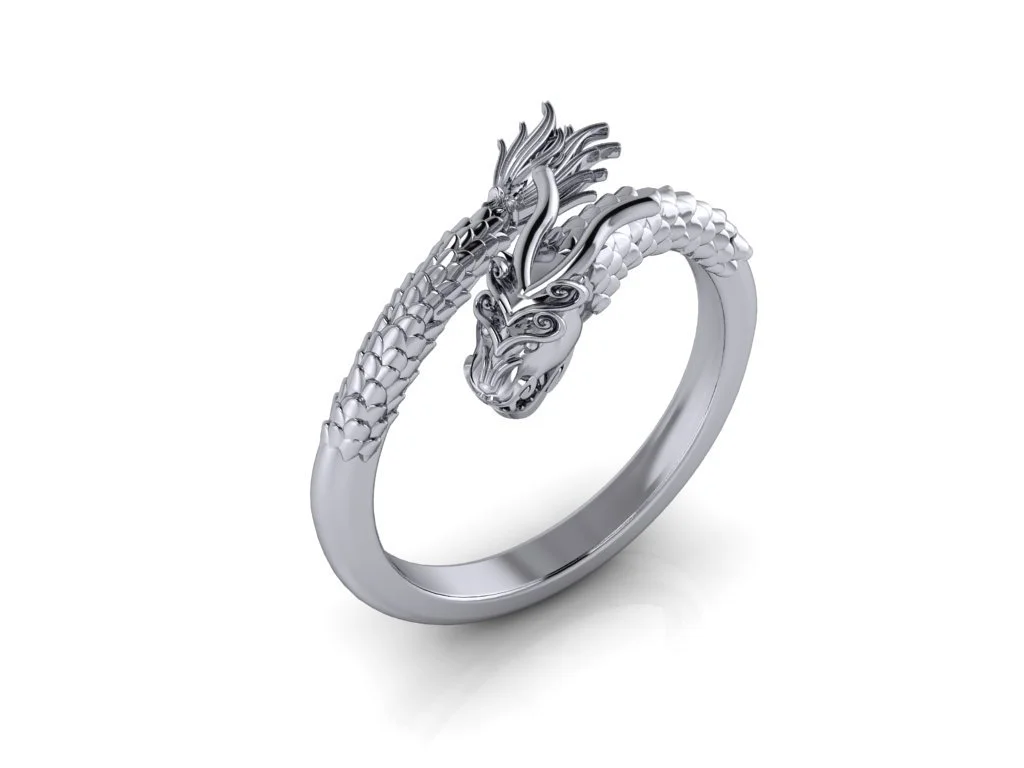Chines Dragon ring in white gold with dragon twisting around finger, details including tail, eyes, and teeth on imperial chinese inspired dragon ring in white gold