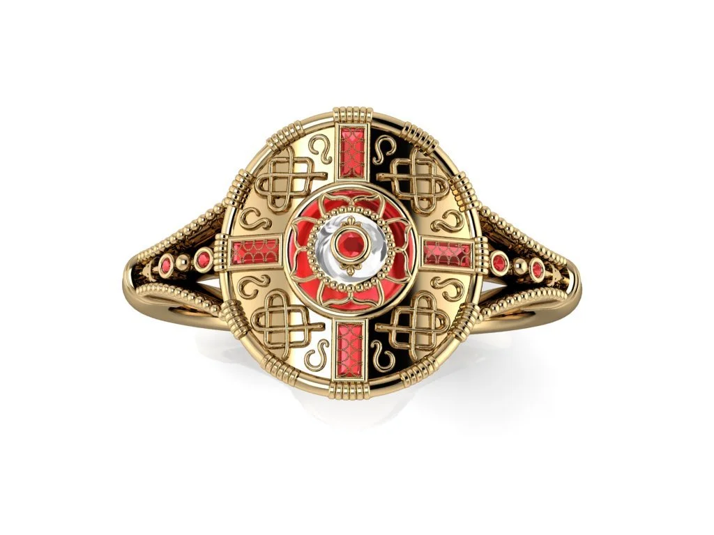 Traditional Anglo-Saxon ring in yellow gold with garnet accents and knot design, split shank signet ring