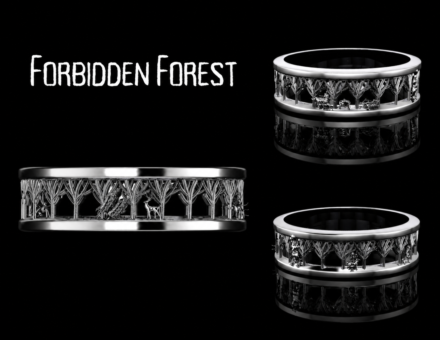 White gold Forbidden Forest inspired ring from Harry Potter, with trees encompassing band, and events such as patronus stag overcoming dementors, centaurs running, giants, and a unicorn