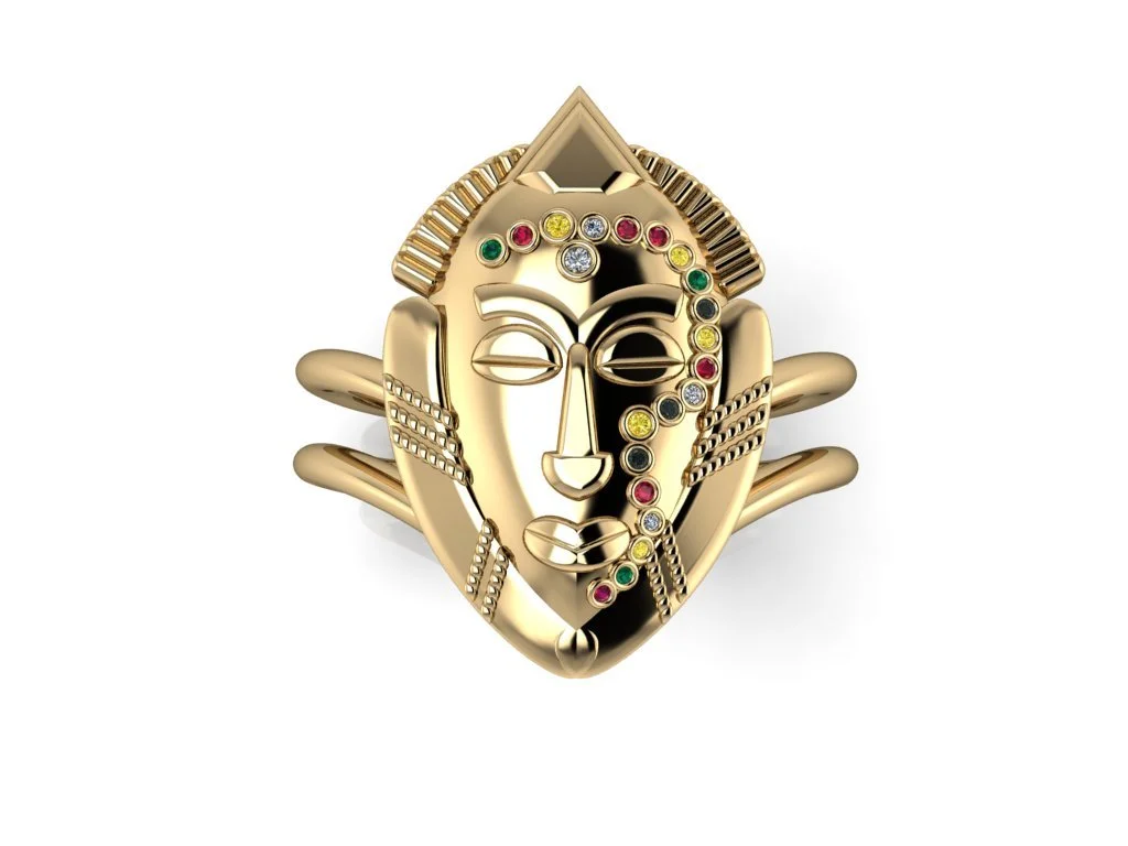 Traditional African Tribal Mask ring in yellow gold with split shank and colored stones symbolizing scarification