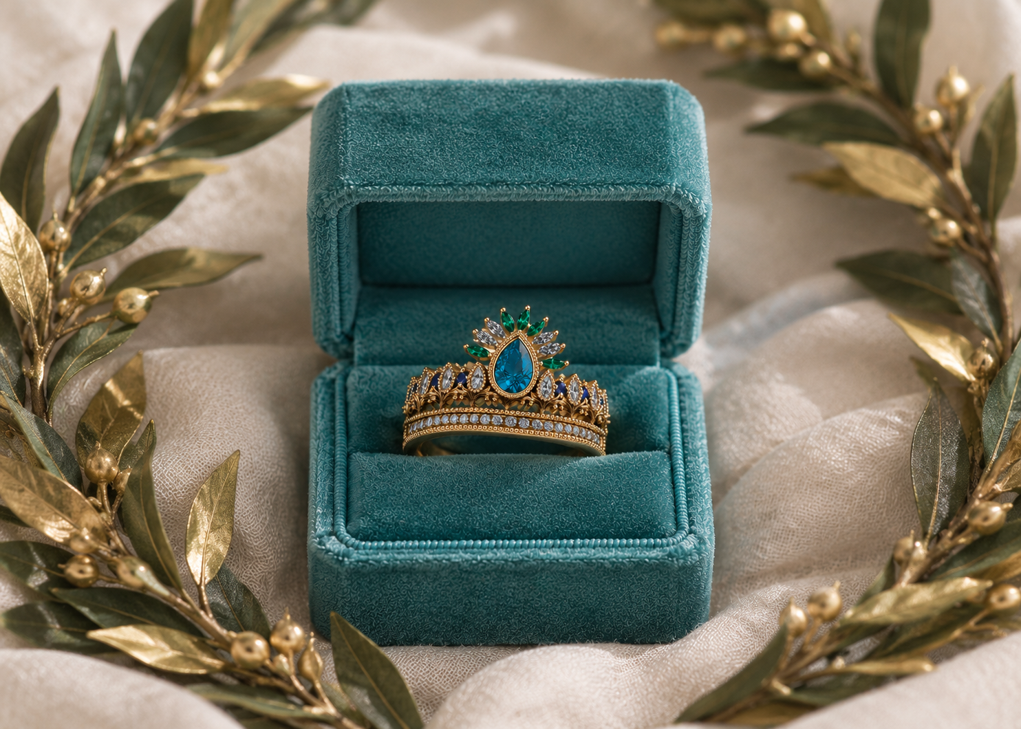 Ancient Greek Inspired tiara ring in yellow gold with pear blue topaz and emerald fan marquise half halo and matching band