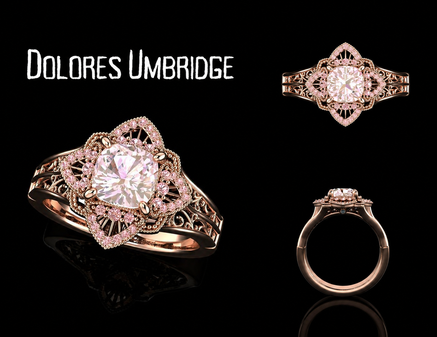 Rose gold Dolores Umbridge inspired ring from Harry Potter inspired ring, pink center and side stones in rose gold vintage ring with intricate halo, milgrain, and filigree down the side cage ring
