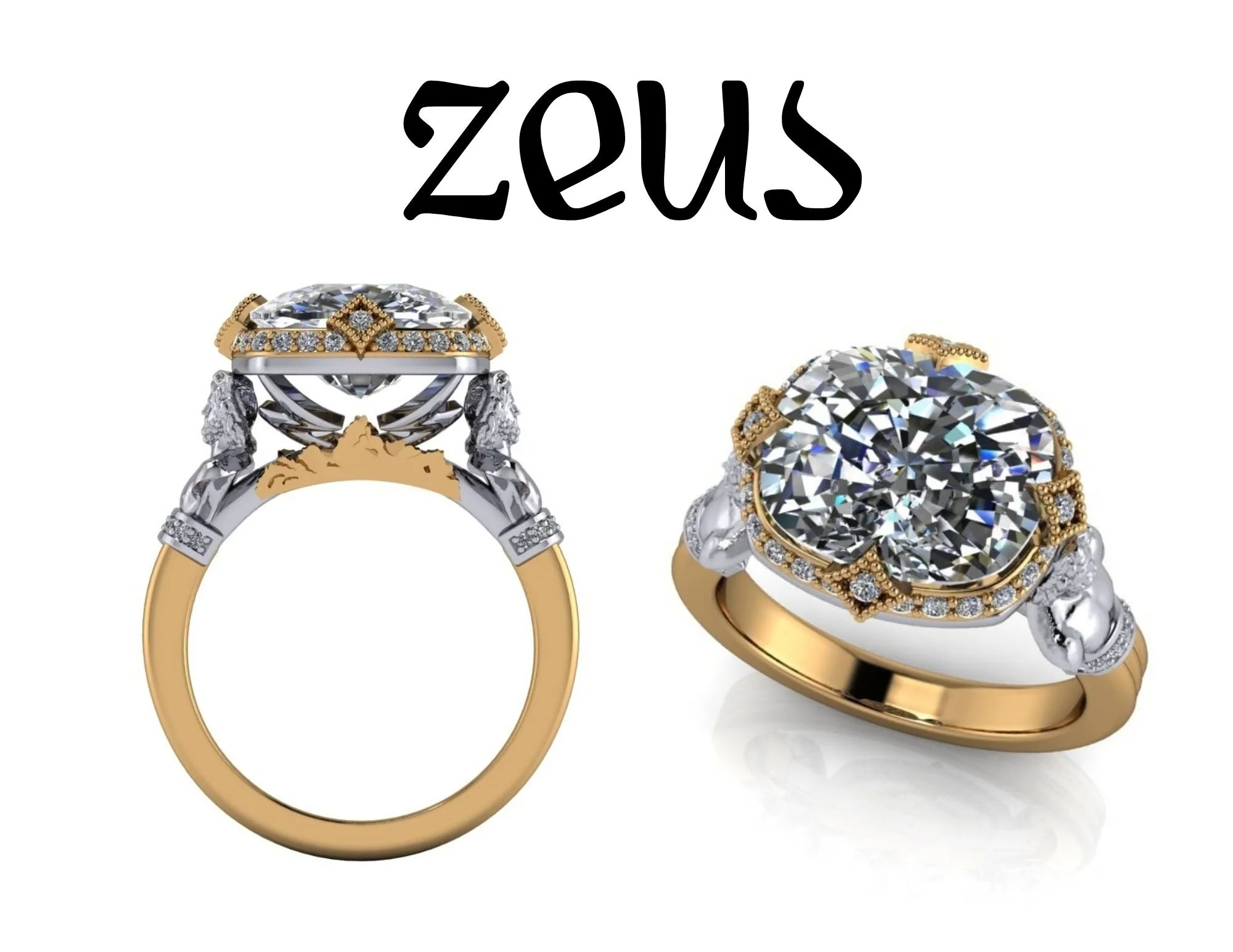 Greek Mythology Zeus inspired ring in white and yellow gold with Zeus bust and Mount Olympus in gallery