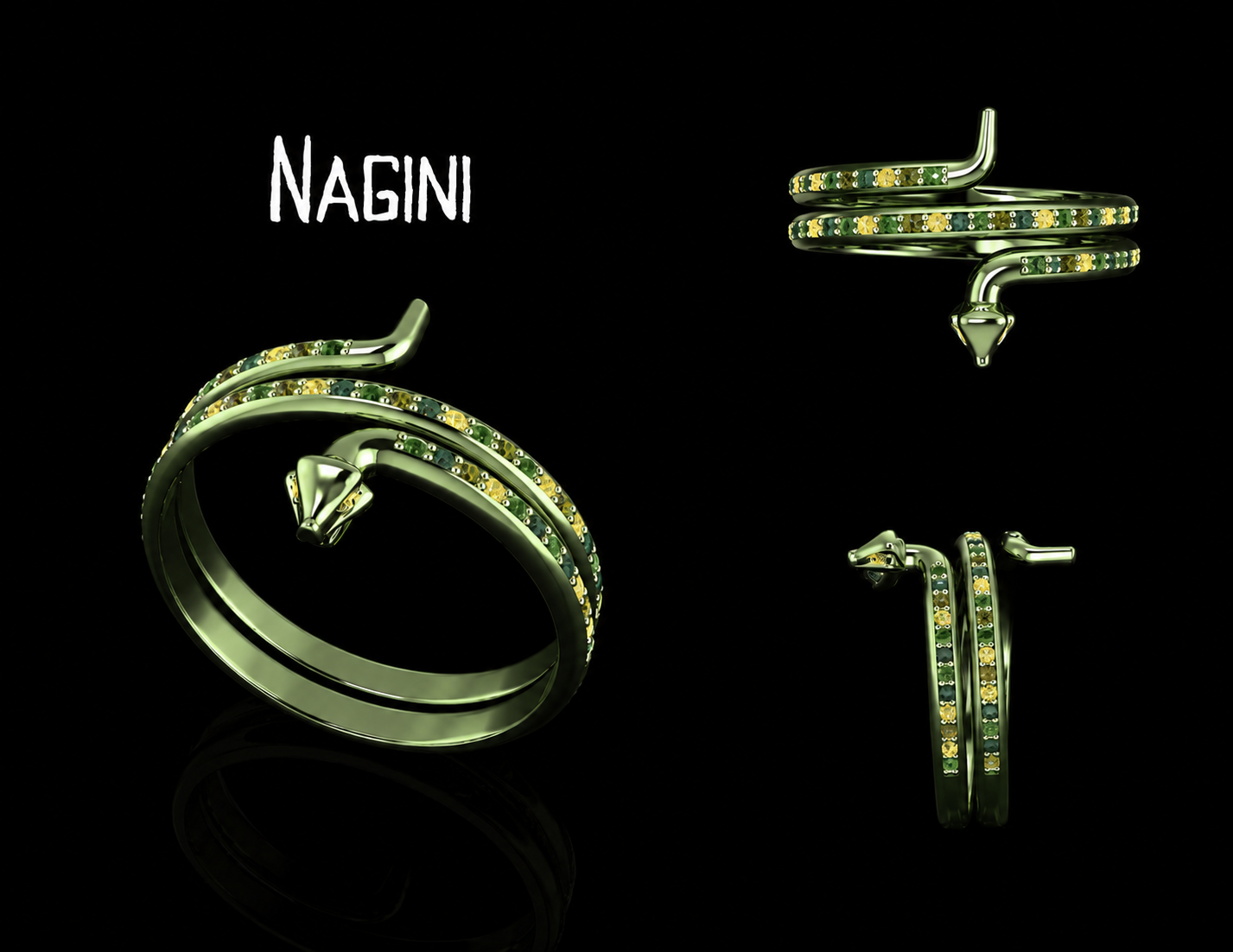 Snake ring inspired by Nagini from Harry Potter in green gold and consisting of a variety of green stones, including emerald, topaz, and quartz