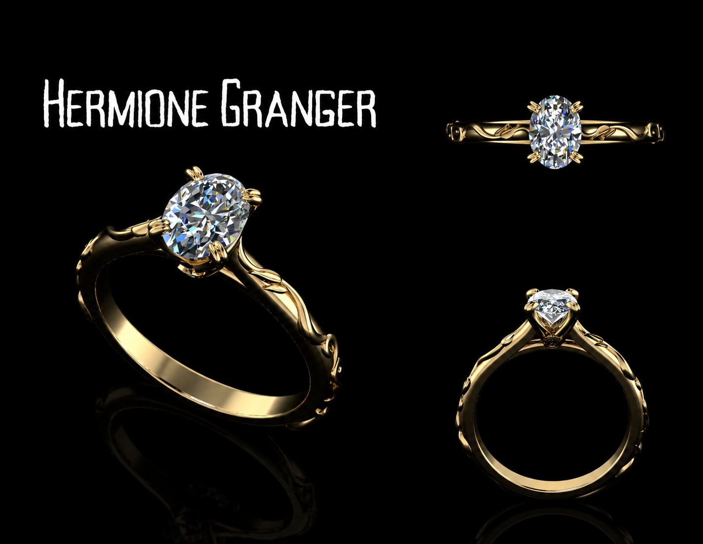 Hermione Granger inspired Harry Potter solitaire ring with oval center stone and yellow gold floral elements down the band, along with a hidden time turner