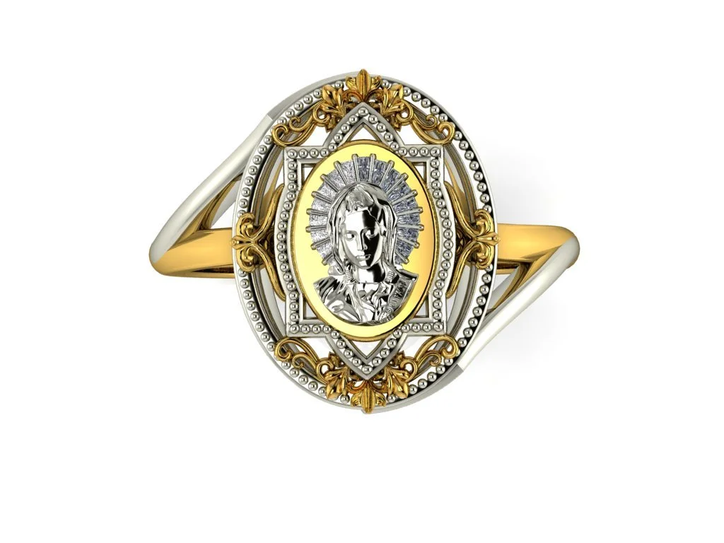 Baroque European Architecture Ring with catholic virgin Mary in center, in white and yellow gold two toned twist band ring with milgrain and filigree heirloom ring vintage ring