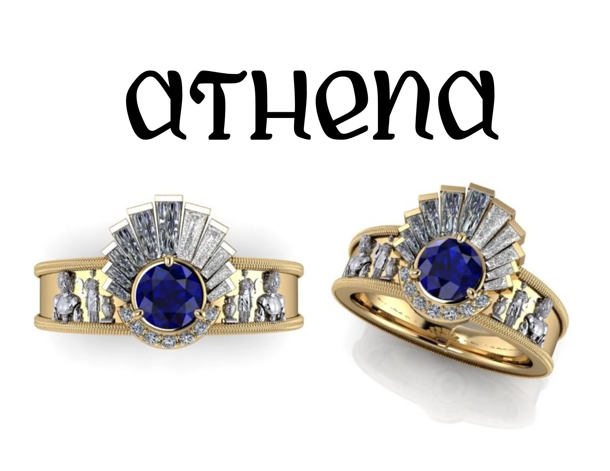 Athena inspired ring in yellow gold with owl and zeus myth frieze on side and ballerina halo with lapis lazuli sapphire center stone in yellow gold