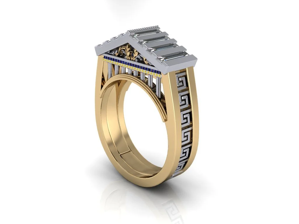 Parthenon Inspired ring in yellow and white gold two toned ring with laurel motifs, column structure, and diamond baguette top