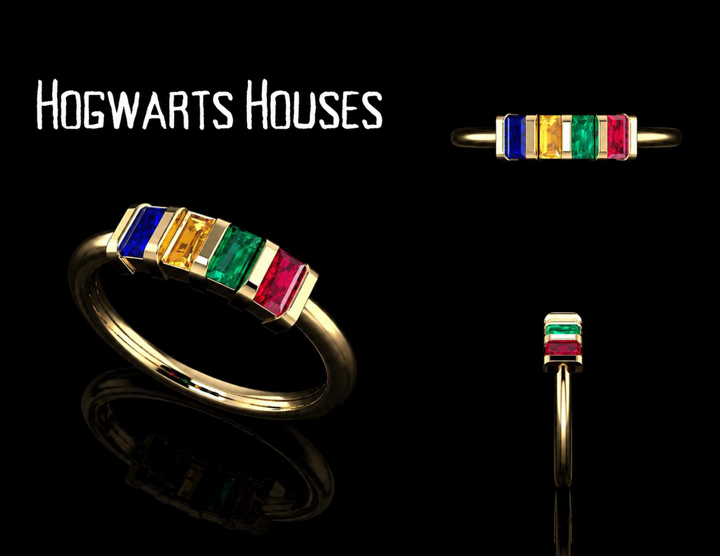 Trendy yellow gold Hogwarts Houses inspired Harry Potter ring with baguettes representing Ravenclaw - blue sapphire, Hufflepuff - yellow topaz, Slytherin - emerald, and Gryffindor - ruby