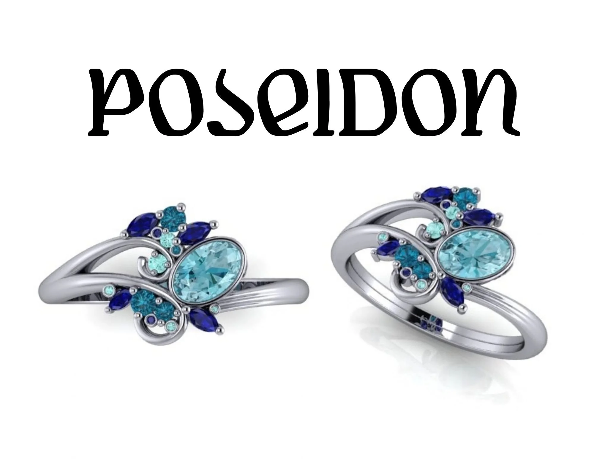 Poseidon inspired ring with ocean wave motif and blue sapphire, topaz, aquamarine in white gold