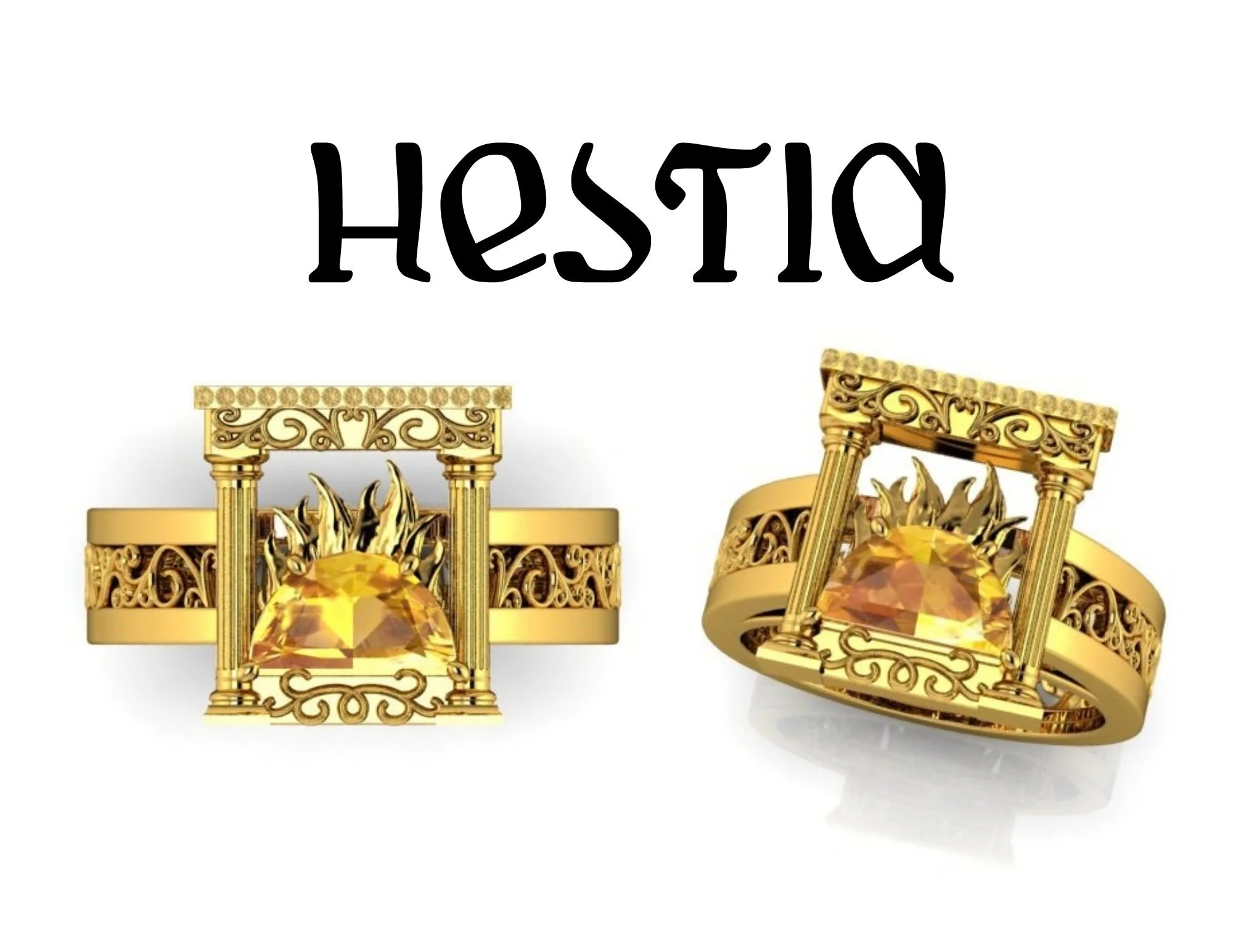 Greek Mythology Hestia inspired ring in 22k yellow gold with fireplace center and yellow half moon topaz citrine with hearth motif