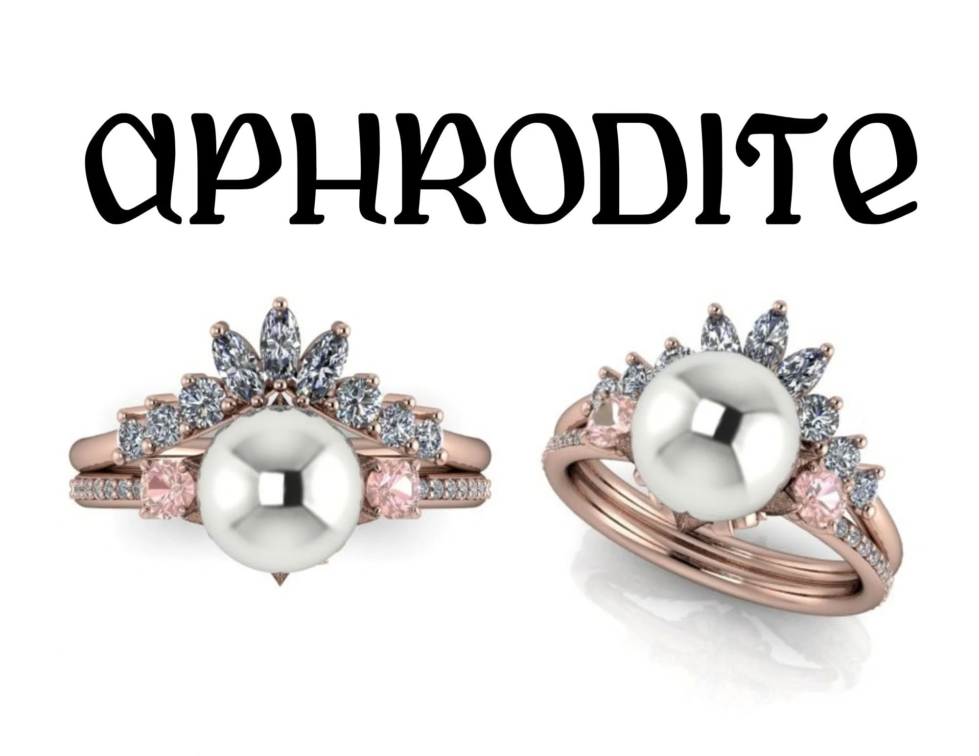 Aphrodite Greek Inspired ring with pearl center stone pinks side stones, dove and rose motif, wedding contour band and pear centerstone in rose gold